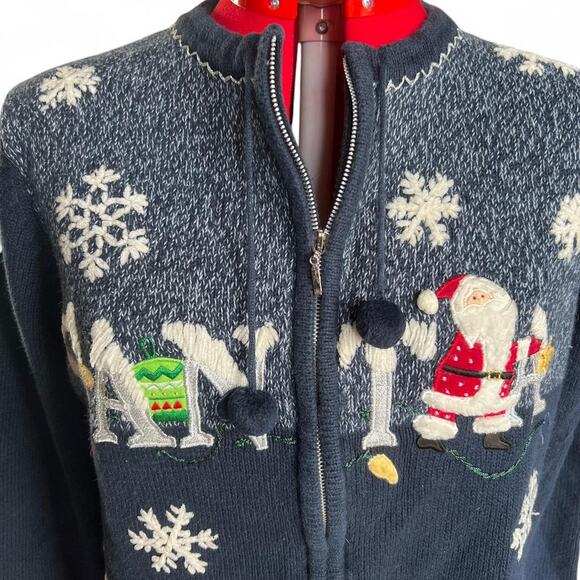 Navy blue vintage Christmas Zip Up Sweater with Santa Claus & snowflakes - Picture 2 of 8